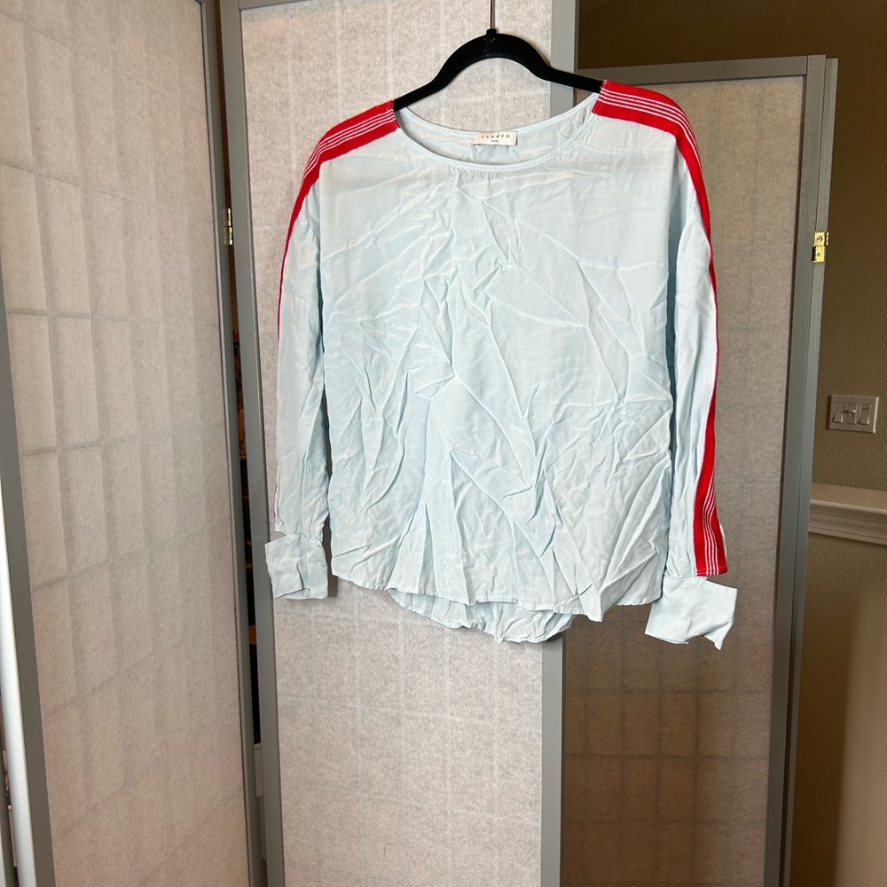 Sandro sky blue blouse with red accent on sleeves
